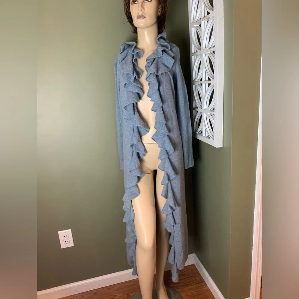 Ralph Lauren black label 100% Cashmere Soft Blue Knit ruffled duster  medium - Picture 2 of 8